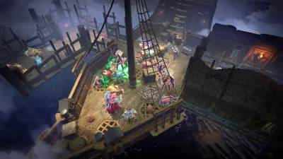 Official digital party assembling on a coastal harbour platform